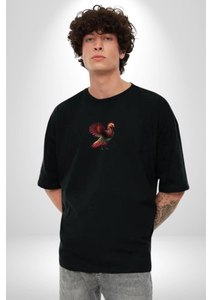 Anka Kuşu Ateş Kuşu Siyah Oversize Kadın Erkek Ön Orta Minimal Baskılı T-Shirt