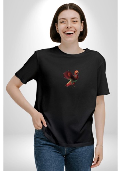 Anka Kuşu Ateş Kuşu Siyah Oversize Kadın Erkek Ön Orta Minimal Baskılı T-Shirt