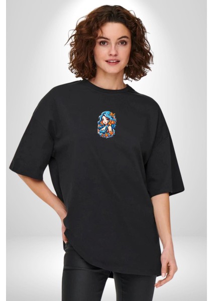 Deniz Kızı Deniz Yıldızı Mavi Saçlı Siyah Oversize Kadın Erkek Ön Orta Minimal Baskılı T-Shirt