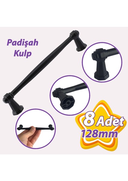 8 Adet Padişah Kulp 128 mm Siyah Mutfak Kulpu Çekmece Dolap Kapak Kulbu Metal Mobilya Dolabı Kulpları