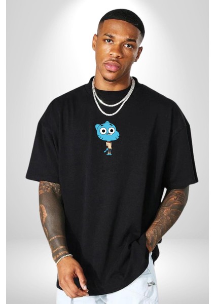 Darwin Watterson Ben Gumball Siyah Oversize Kadın Erkek Ön Orta Minimal Baskılı T-Shirt