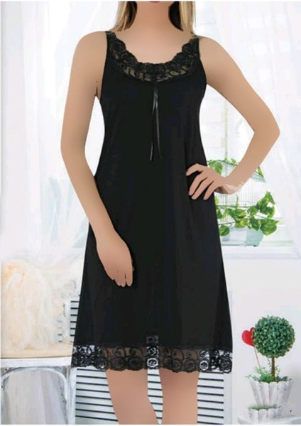 Kadın Siyah Kısa Kollu Uzun Gecelik