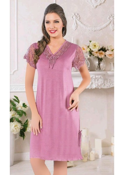 Lila Uzun Yırtmaçlı Gecelik