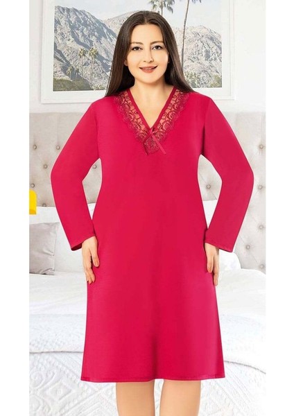 Büyük Beden Dantel Yaka Uzun Kollu Kadın Gecelik (Battal Gecelik) 1610