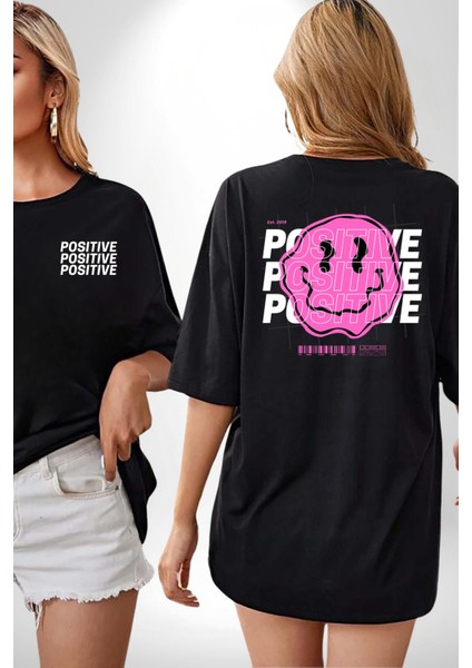 Positive Enerji Emoji Gülen Surat Siyah Oversize Kadın Erkek Ön ve Sırt Baskılı T-Shirt