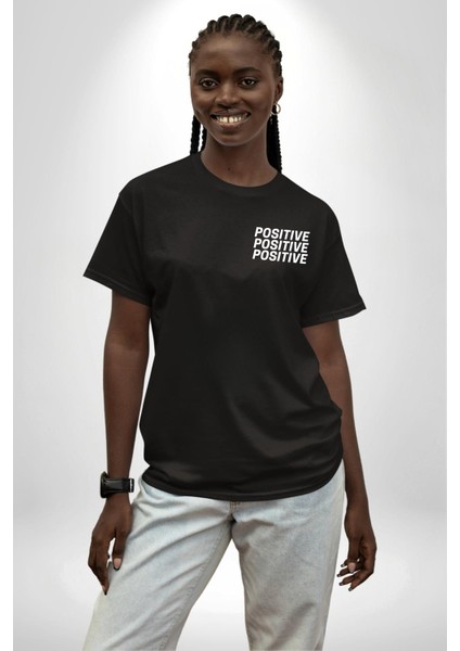 Positive Enerji Emoji Gülen Surat Siyah Oversize Kadın Erkek Ön ve Sırt Baskılı T-Shirt fiyatları