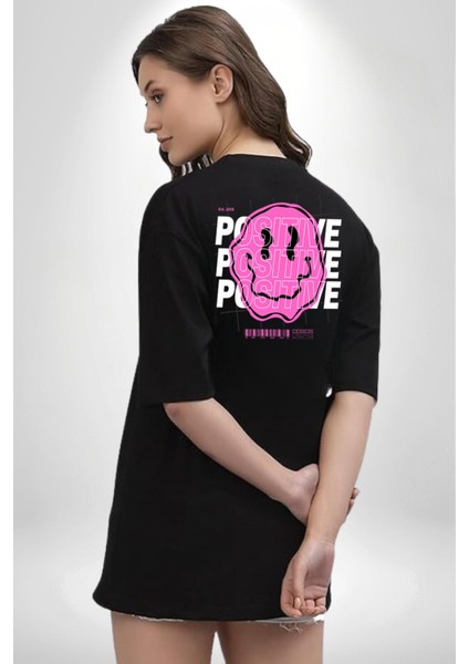 Positive Enerji Emoji Gülen Surat Siyah Oversize Kadın Erkek Ön ve Sırt Baskılı T-Shirt modelleri