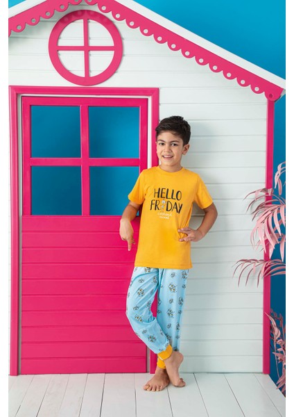 Hello Friday Erkek Çocuk Interlok Sarı Pijama Takımı