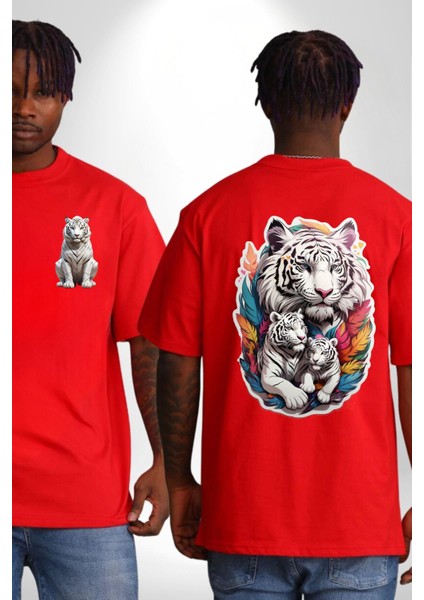 Beyaz Kaplan Ailesi Renkli Tüyler Kırmızı Oversize Kadın Erkek Ön ve Sırt Baskılı T-Shirt