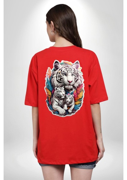 Beyaz Kaplan Ailesi Renkli Tüyler Kırmızı Oversize Kadın Erkek Ön ve Sırt Baskılı T-Shirt fiyatları