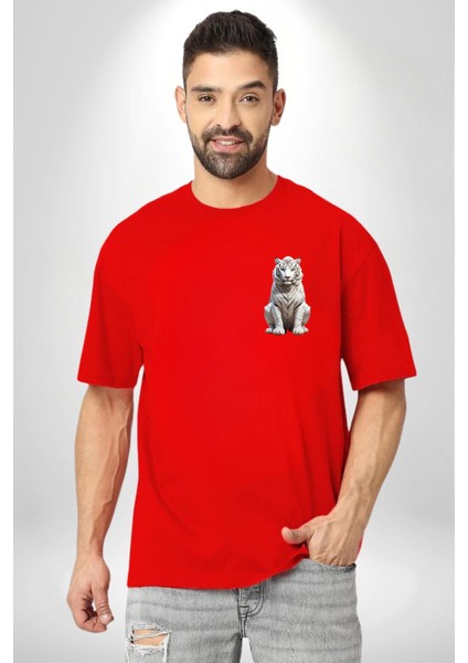 Beyaz Kaplan Ailesi Renkli Tüyler Kırmızı Oversize Kadın Erkek Ön ve Sırt Baskılı T-Shirt modelleri