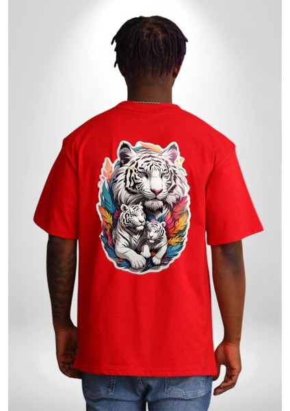 Beyaz Kaplan Ailesi Renkli Tüyler Kırmızı Oversize Kadın Erkek Ön ve Sırt Baskılı T-Shirt fırsatları