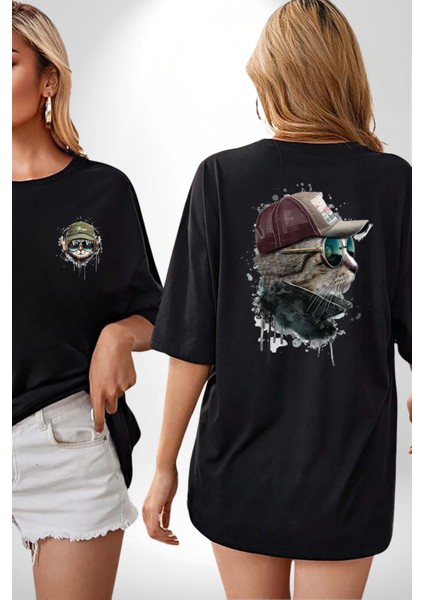 Pilot Çeketli Deri Şapkalı Cool Kedi Siyah Oversize Kadın Erkek Ön ve Sırt Baskılı T-Shirt