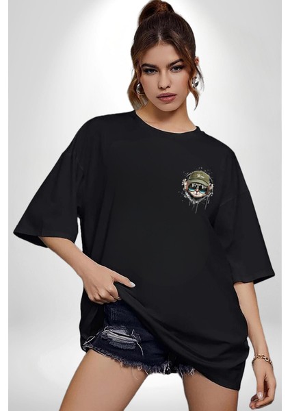 Pilot Çeketli Deri Şapkalı Cool Kedi Siyah Oversize Kadın Erkek Ön ve Sırt Baskılı T-Shirt