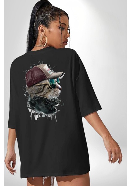 Pilot Çeketli Deri Şapkalı Cool Kedi Siyah Oversize Kadın Erkek Ön ve Sırt Baskılı T-Shirt