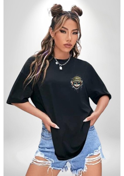 Pilot Çeketli Deri Şapkalı Cool Kedi Siyah Oversize Kadın Erkek Ön ve Sırt Baskılı T-Shirt