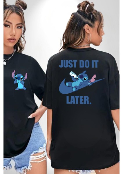 Do It Later Stitch Biberon Animasyon Siyah Oversize Kadın Erkek Ön ve Sırt Baskılı T-Shirt