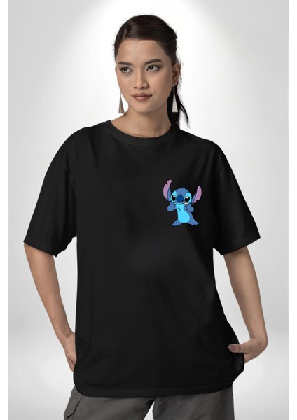 Do It Later Stitch Biberon Animasyon Siyah Oversize Kadın Erkek Ön ve Sırt Baskılı T-Shirt