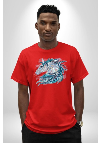 At Mandala Kafası Pamuklu Bisiklet Yaka Kadın Erkek Oversize Boyfriend Dijital Baskılı Kırmızı T-Shirt