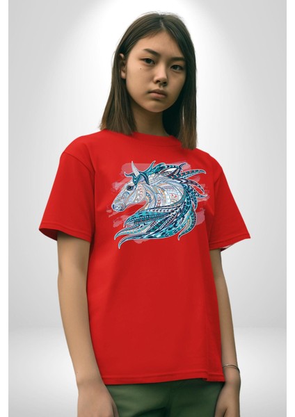 At Mandala Kafası Pamuklu Bisiklet Yaka Kadın Erkek Oversize Boyfriend Dijital Baskılı Kırmızı T-Shirt