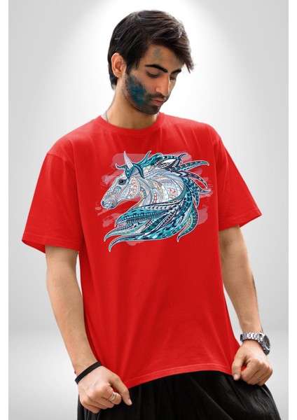 At Mandala Kafası Pamuklu Bisiklet Yaka Kadın Erkek Oversize Boyfriend Dijital Baskılı Kırmızı T-Shirt