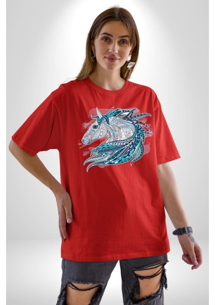 At Mandala Kafası Pamuklu Bisiklet Yaka Kadın Erkek Oversize Boyfriend Dijital Baskılı Kırmızı T-Shirt