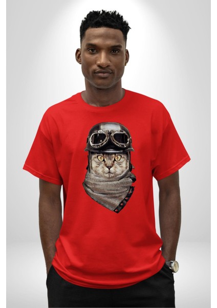Kasket Bandana Motorcu Kedi Pamuklu Bisiklet Yaka Kadın Erkek Oversize Boyfriend Dijital Baskılı Kırmızı T-Shirt fırsatları