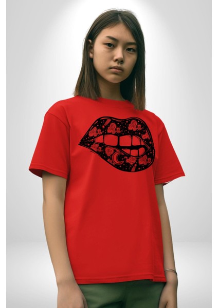 Ay Yıldız Dudak Bulut Dövme Pamuklu Bisiklet Yaka Kadın Erkek Oversize Boyfriend Dijital Baskılı Kırmızı T-Shirt