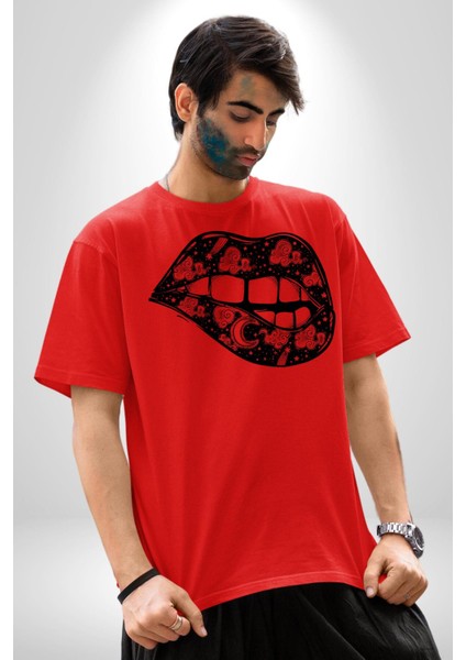 Ay Yıldız Dudak Bulut Dövme Pamuklu Bisiklet Yaka Kadın Erkek Oversize Boyfriend Dijital Baskılı Kırmızı T-Shirt fiyatları