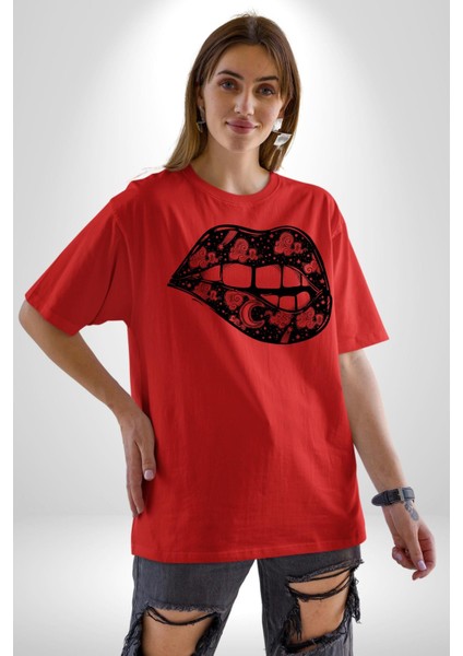 Ay Yıldız Dudak Bulut Dövme Pamuklu Bisiklet Yaka Kadın Erkek Oversize Boyfriend Dijital Baskılı Kırmızı T-Shirt modelleri
