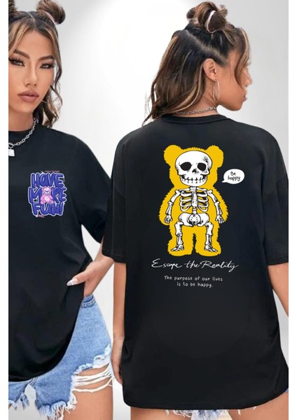 Mutlu Ol Siyah Oversize Kadın Erkek Ön ve Sırt Baskılı T-Shirt