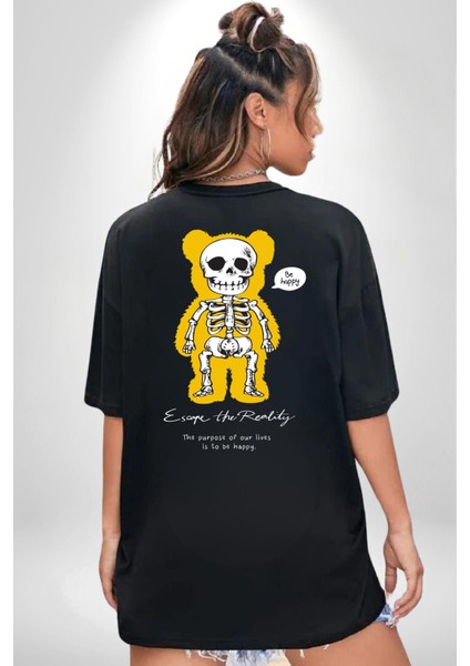 Mutlu Ol Siyah Oversize Kadın Erkek Ön ve Sırt Baskılı T-Shirt modelleri