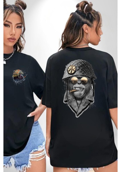 Asker Goril Komutan Siyah Oversize Kadın Erkek Ön ve Sırt Baskılı T-Shirt