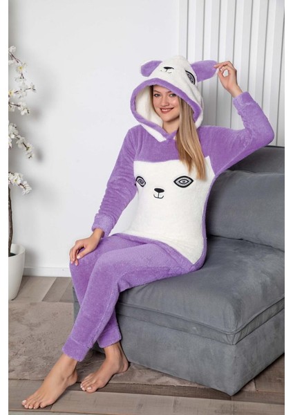 Panda Model Kapüşonlu Polar Kadın Pijama Takımı