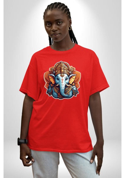 Hindu Fil Bereket Tanrısı Pamuklu Bisiklet Yaka Kadın Erkek Oversize Boyfriend Dijital Baskılı Kırmızı T-Shirt
