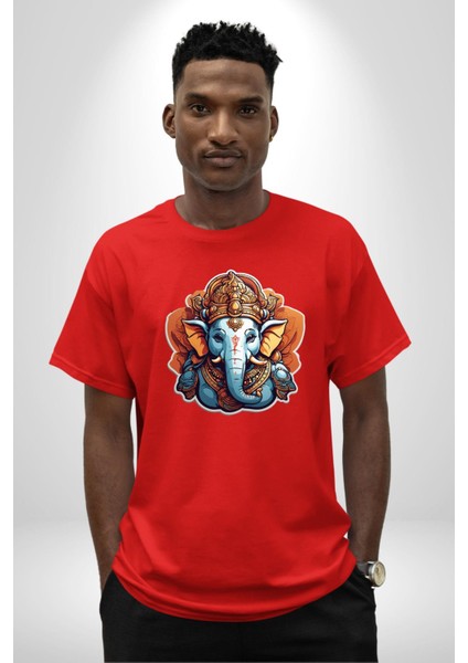 Hindu Fil Bereket Tanrısı Pamuklu Bisiklet Yaka Kadın Erkek Oversize Boyfriend Dijital Baskılı Kırmızı T-Shirt modelleri