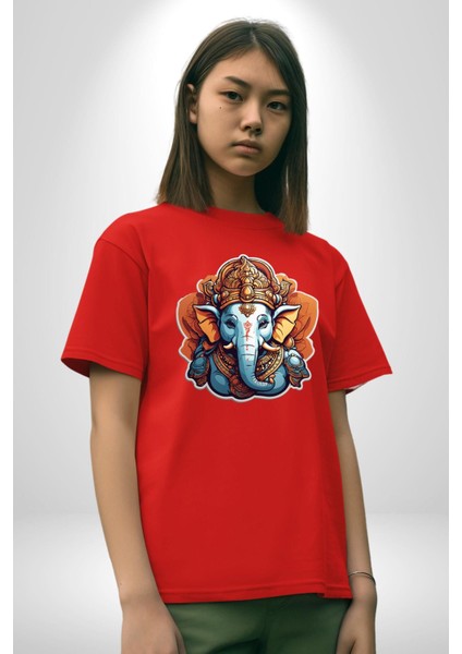 Hindu Fil Bereket Tanrısı Pamuklu Bisiklet Yaka Kadın Erkek Oversize Boyfriend Dijital Baskılı Kırmızı T-Shirt fırsatları
