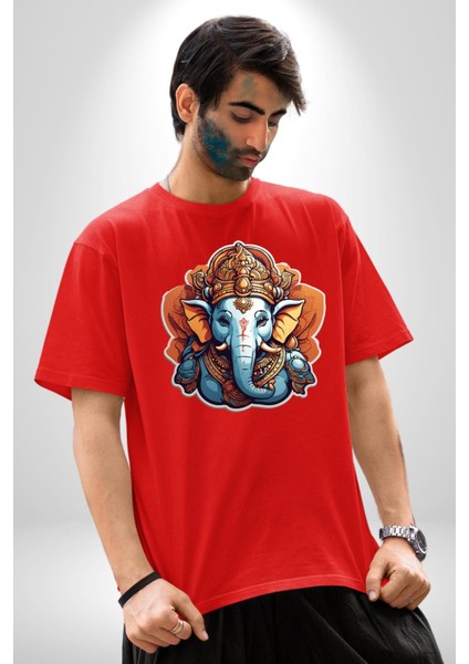 Hindu Fil Bereket Tanrısı Pamuklu Bisiklet Yaka Kadın Erkek Oversize Boyfriend Dijital Baskılı Kırmızı T-Shirt indirimleri