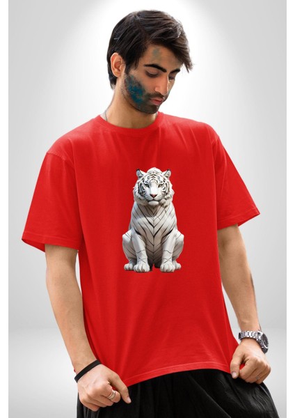 Beyaz Kaplan Pamuklu Bisiklet Yaka Kadın Erkek Oversize Boyfriend Dijital Baskılı Kırmızı T-Shirt