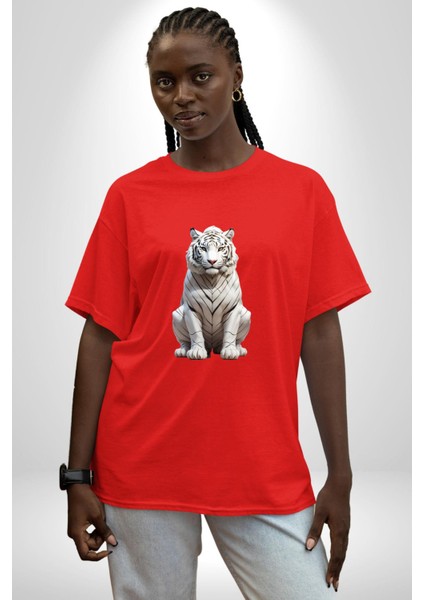 Beyaz Kaplan Pamuklu Bisiklet Yaka Kadın Erkek Oversize Boyfriend Dijital Baskılı Kırmızı T-Shirt