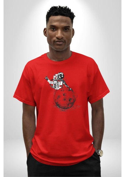 Astronot Gök Taşı Yavarlarken Pamuklu Bisiklet Yaka Kadın Erkek Oversize Boyfriend Dijital Baskılı Kırmızı T-Shirt fiyatları