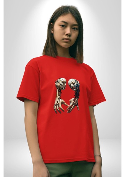 Yüz Yüze Ellerin Uyumu Pamuklu Bisiklet Yaka Kadın Erkek Oversize Boyfriend Dijital Baskılı Kırmızı T-Shirt