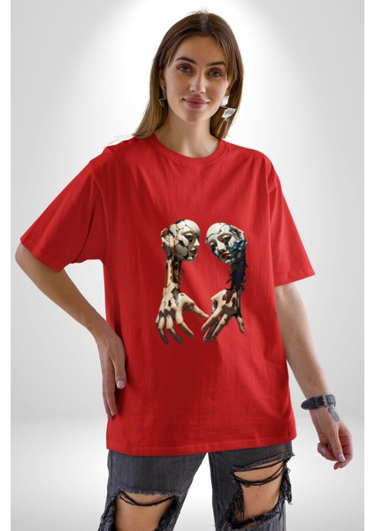 Yüz Yüze Ellerin Uyumu Pamuklu Bisiklet Yaka Kadın Erkek Oversize Boyfriend Dijital Baskılı Kırmızı T-Shirt modelleri
