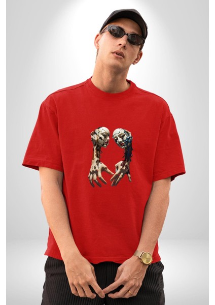 Yüz Yüze Ellerin Uyumu Pamuklu Bisiklet Yaka Kadın Erkek Oversize Boyfriend Dijital Baskılı Kırmızı T-Shirt indirimleri