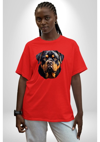 Rottweiler Kafası Pamuklu Bisiklet Yaka Kadın Erkek Oversize Boyfriend Dijital Baskılı Kırmızı T-Shirt fiyatları