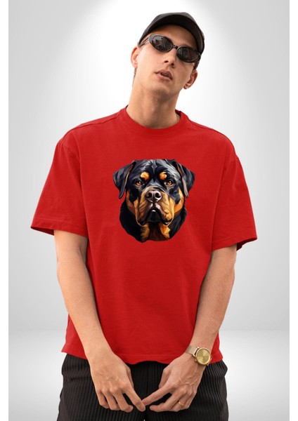 Rottweiler Kafası Pamuklu Bisiklet Yaka Kadın Erkek Oversize Boyfriend Dijital Baskılı Kırmızı T-Shirt modelleri
