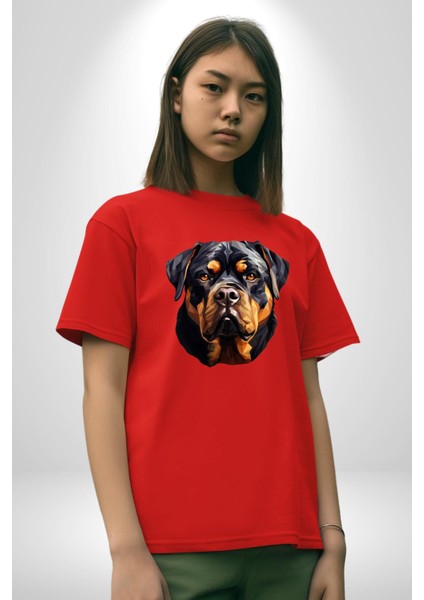 Rottweiler Kafası Pamuklu Bisiklet Yaka Kadın Erkek Oversize Boyfriend Dijital Baskılı Kırmızı T-Shirt indirimleri