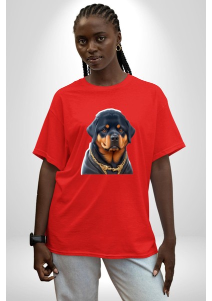 Rottweiler Koca Kafa Puppy Pamuklu Bisiklet Yaka Kadın Erkek Oversize Boyfriend Dijital Baskılı Kırmızı T-Shirt