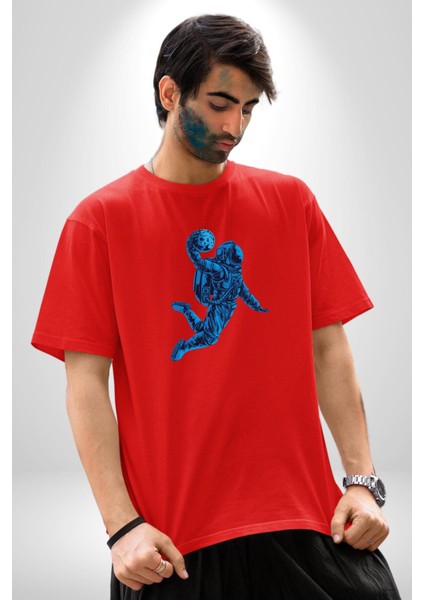 Basketbol Mars Uzay Smaçı Pamuklu Bisiklet Yaka Kadın Erkek Oversize Boyfriend Dijital Baskılı Kırmızı T-Shirt