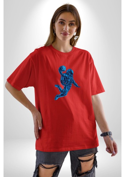 Basketbol Mars Uzay Smaçı Pamuklu Bisiklet Yaka Kadın Erkek Oversize Boyfriend Dijital Baskılı Kırmızı T-Shirt